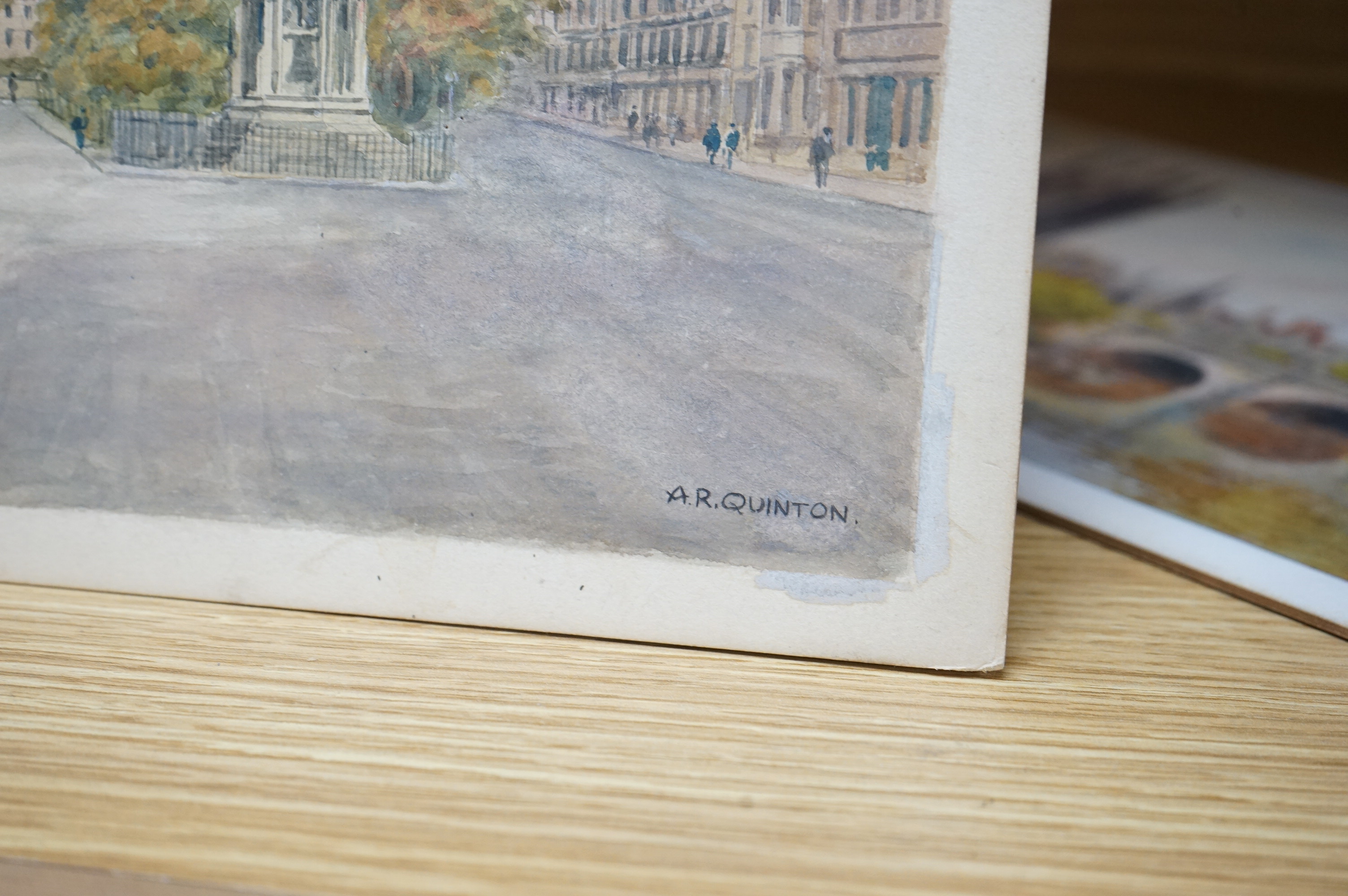 Alfred Robert Quinton (1853-1934), two watercolours for postcard designs of Oxford scenes; ‘Magdalen College and Bridge, Oxford’, and ‘Balliol College & Martyrs’ Memorial, Oxford’, one signed, 18 x 28cm, unframed. Condit